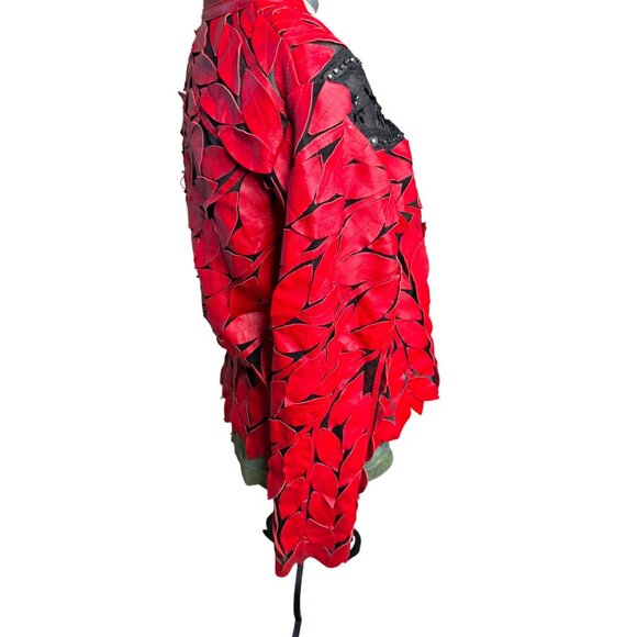 VTG Artsty Mesh Red Black Leather Leaf Applique Studded Designer Jacket Lg Read - Picture 5 of 12
